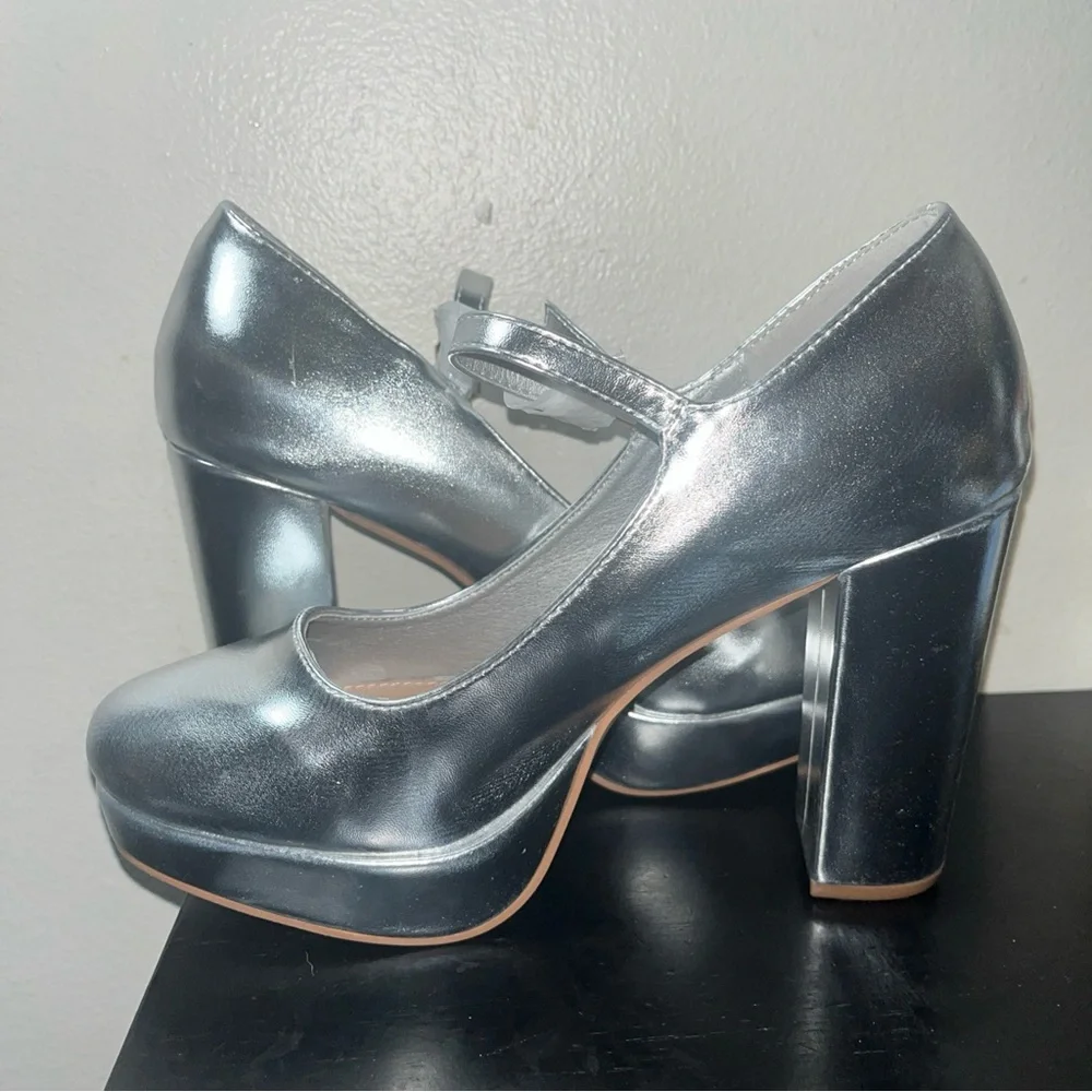 Perphy Platform Mary Janes Block Heels Pumps for Women Metallic Silver Sz 8 - Picture 7 of 12